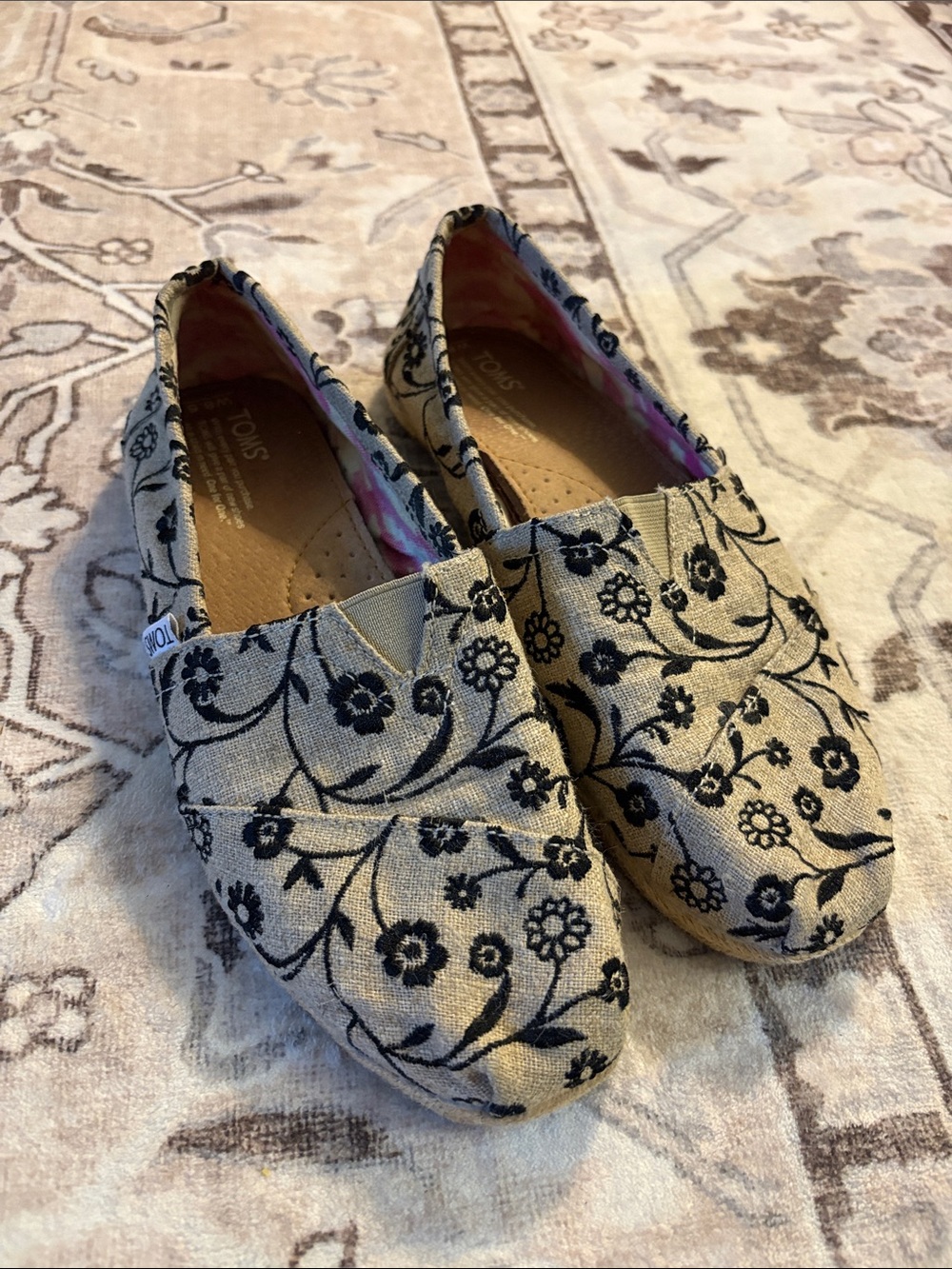 Toms tan and black floral flats